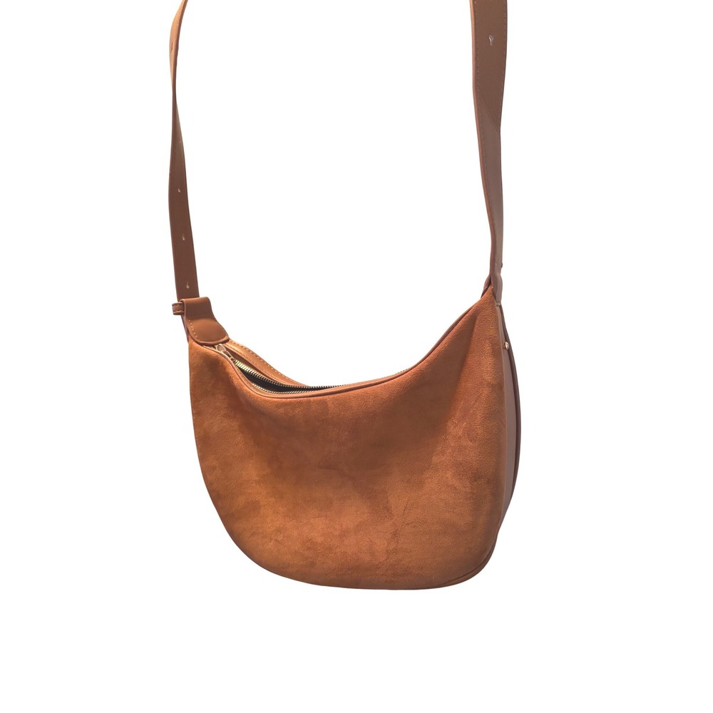 Cognac Brown Suede Crescent Hobo Bag Adjustable Strap Gold Hardware